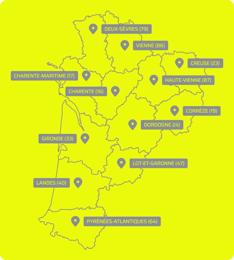 Villes couvertes par l'agence ANAVEO Nouvelle Aquitaine