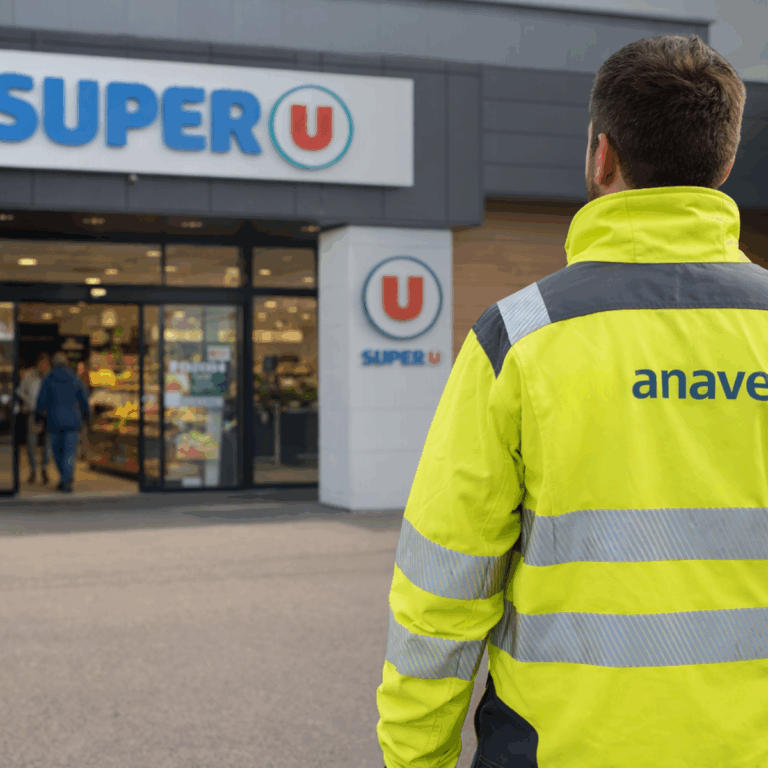 Technicien Anaveo devant un magasin Super U pour sécurisation et pilotage des points de vente
