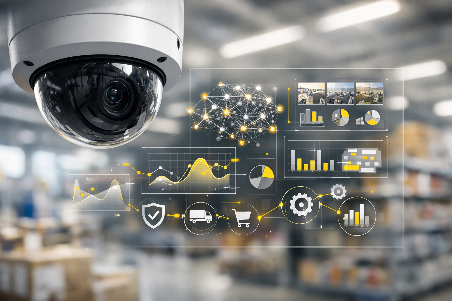 Caméra de vidéoprotection intelligente analysant des données en temps réel avec intelligence artificielle dans un environnement professionnel