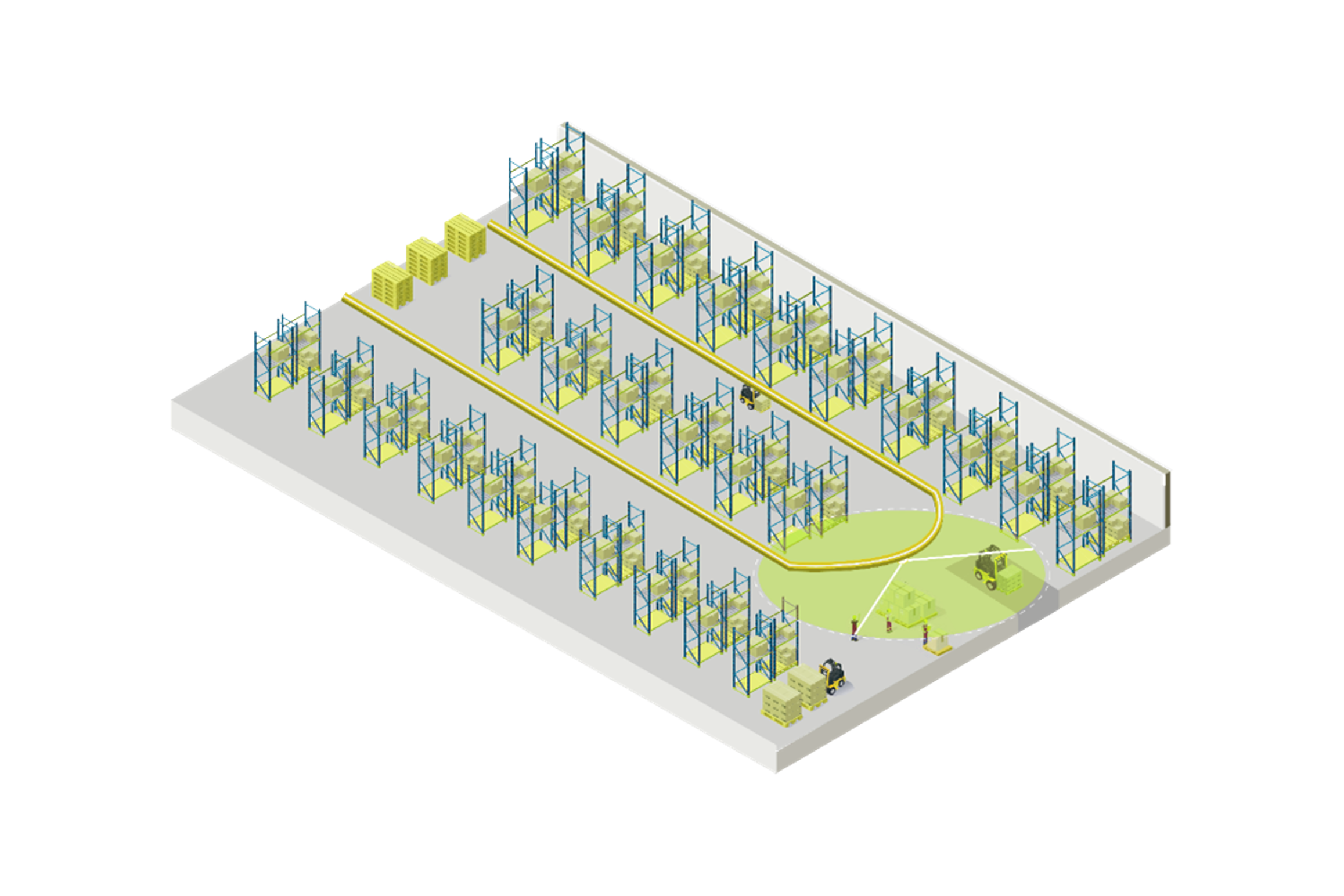 Vue isométrique d'un entrepôt logistique couvert par un rail SMARTRACK
